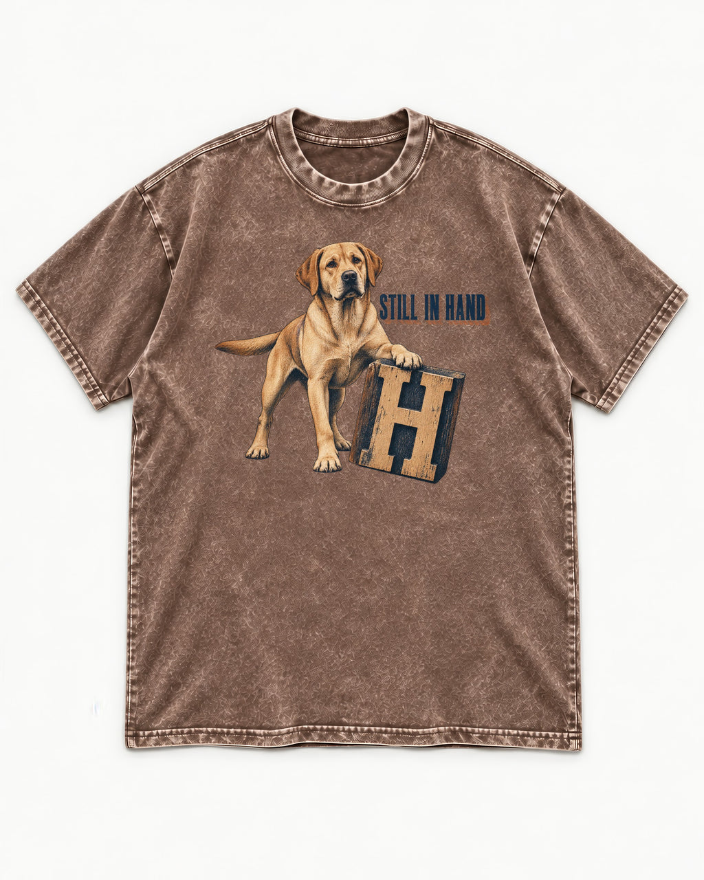 Labrador Retriever Still in Hand Washed Tee in Coffee, flat lay product photo
