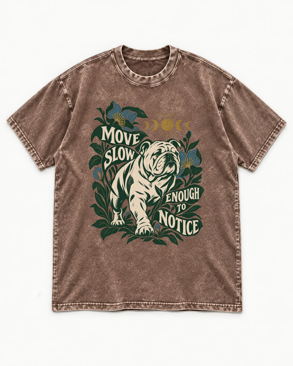 Move Slow English Bulldog Washed Tee in Coffee, flat lay product photo