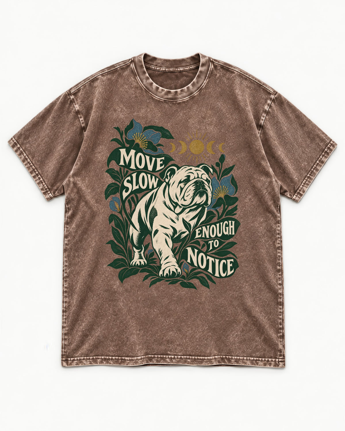 Move Slow English Bulldog Washed Tee in Coffee, flat lay product photo