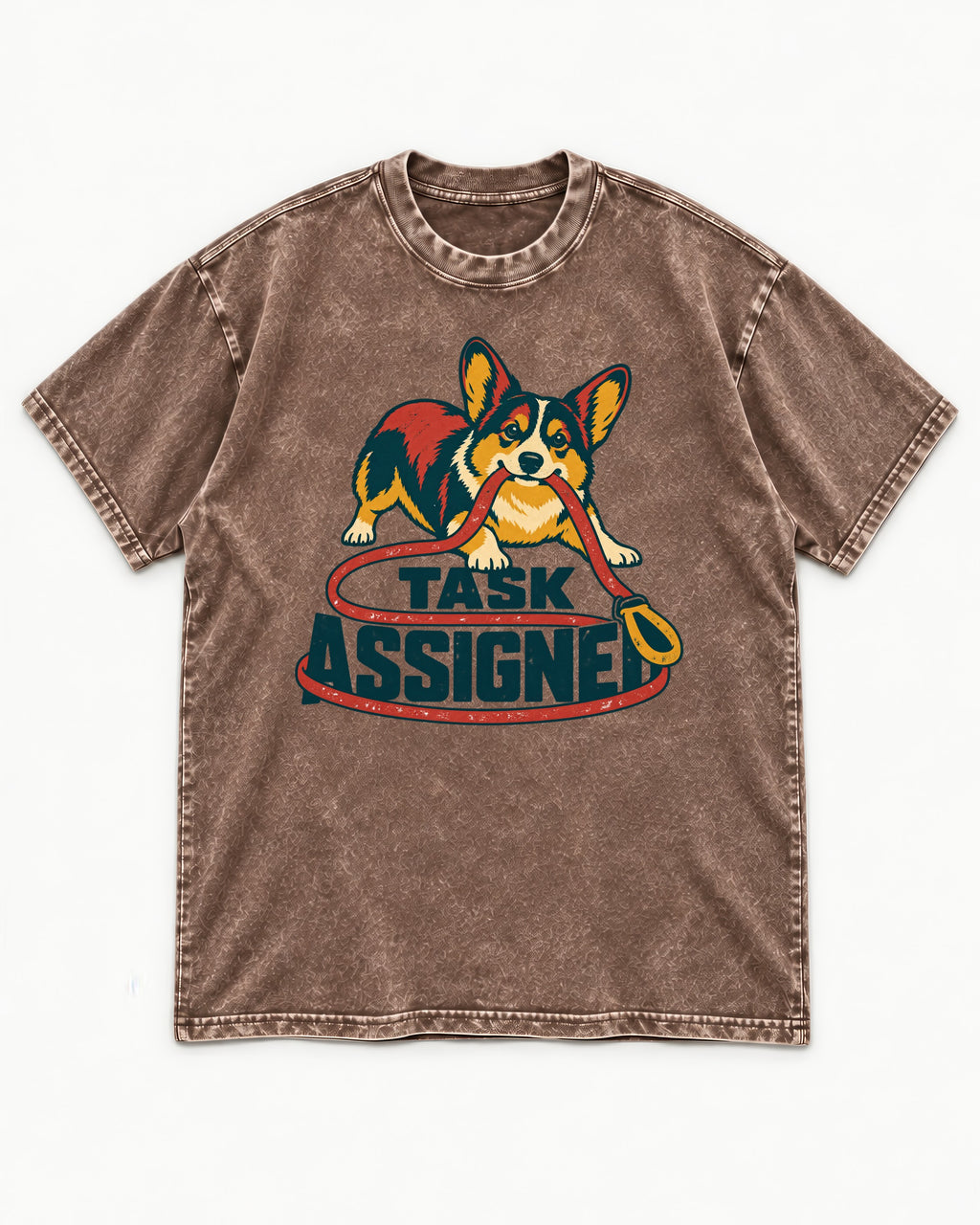Corgi Task Assigned Washed Tee in Coffee, flat lay product photo