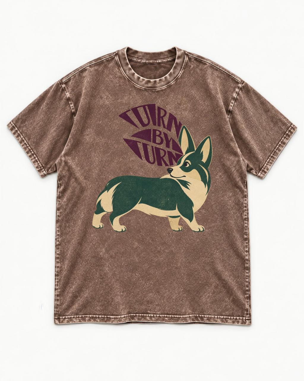 Turn by Turn Corgi Washed Tee in Coffee, flat lay product photo