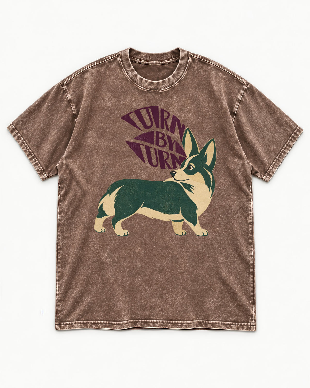 Turn by Turn Corgi Washed Tee in Coffee, flat lay product photo