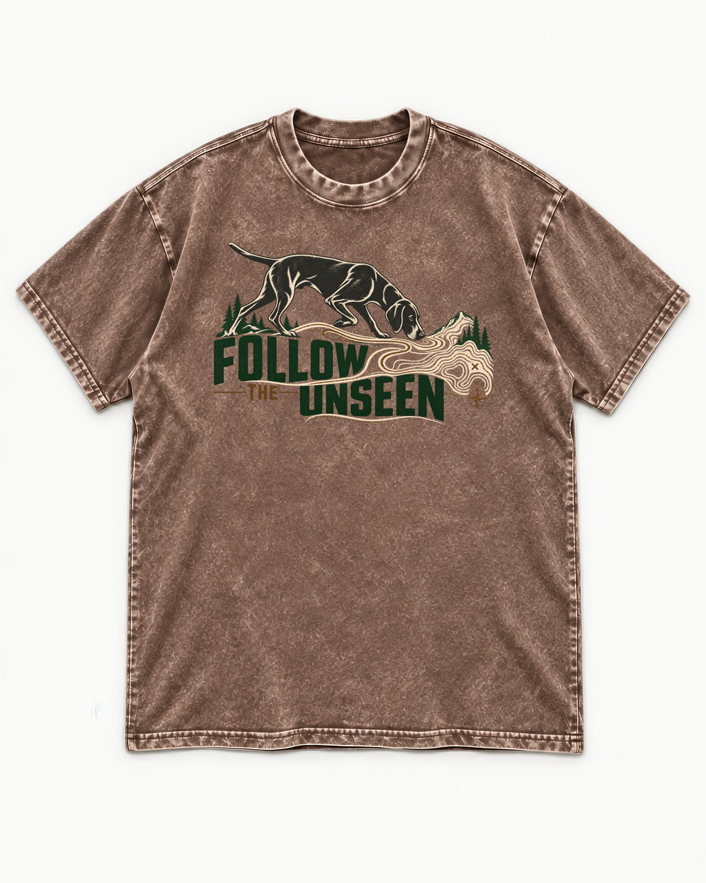 Follow the Unseen German Shorthaired Pointer Washed Tee in Coffee, flat lay product photo