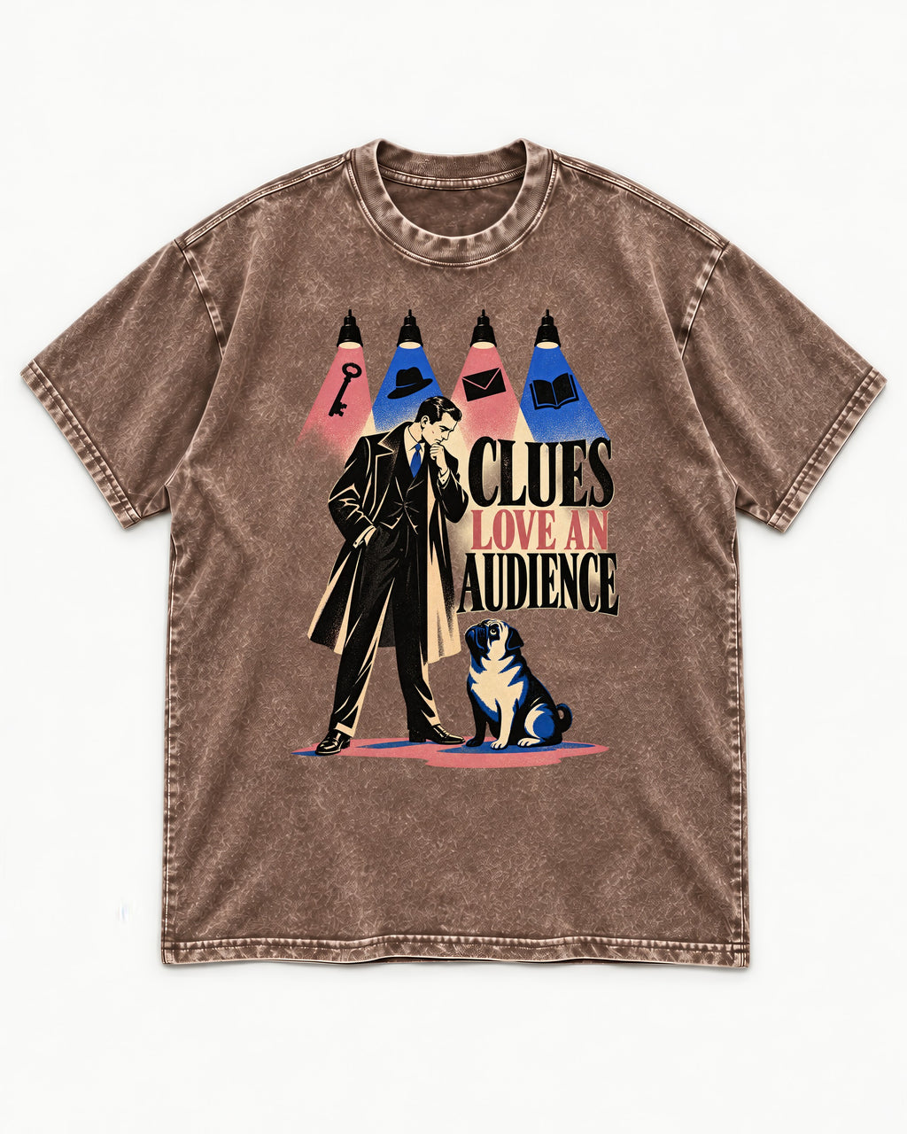 Pug Clues Love an Audience Washed Tee in Coffee, flat lay product photo