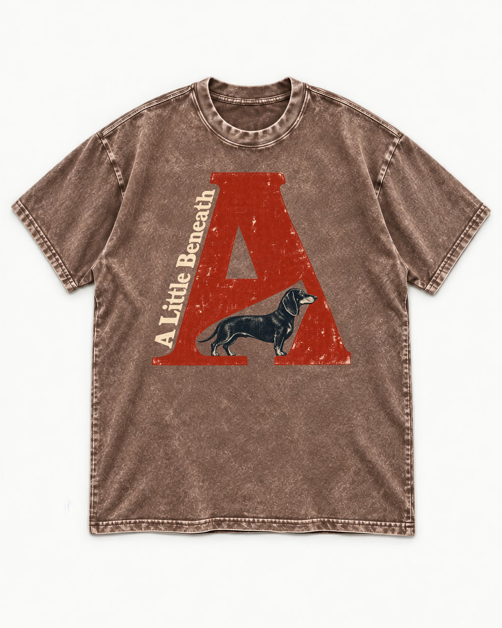 Dachshund A Little Beneath Monumental Letter Graphic Washed Tee in Coffee, flat lay product photo