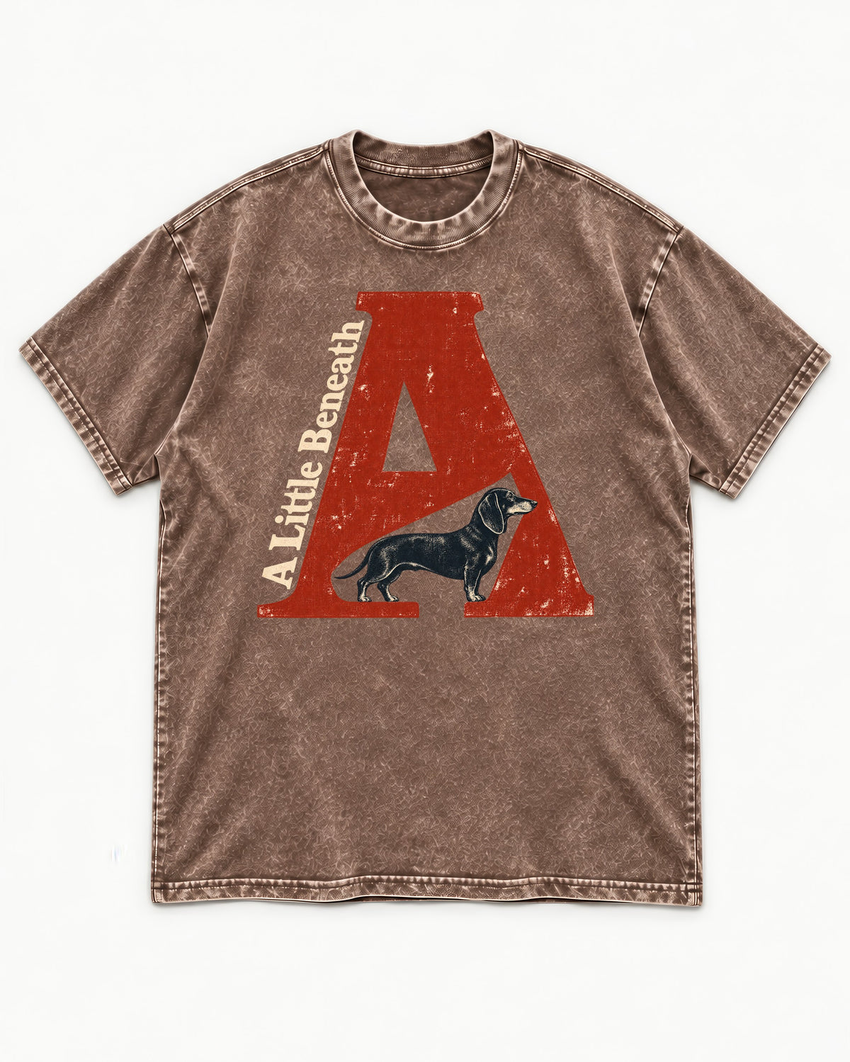Dachshund A Little Beneath Monumental Letter Graphic Washed Tee in Coffee, flat lay product photo