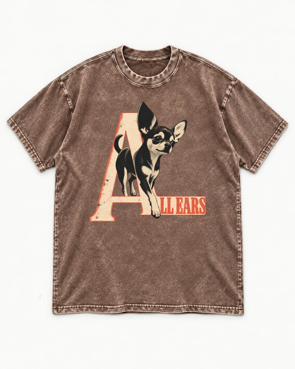 All Ears Chihuahua Washed Tee in Coffee, flat lay product photo