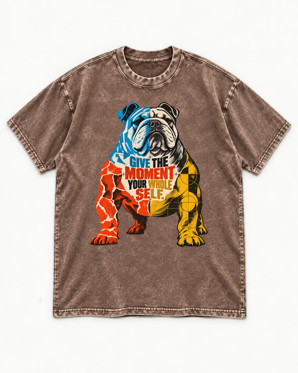 English Bulldog Give Your Whole Self Washed Tee in Coffee, flat lay product photo