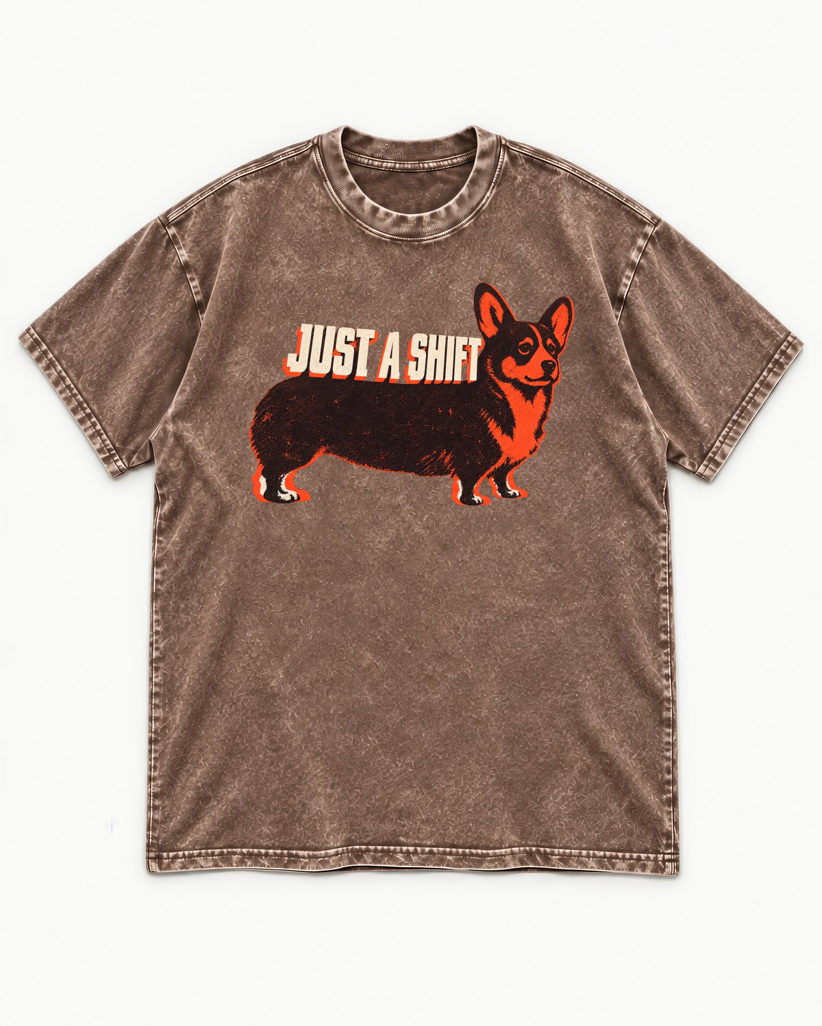 Corgi Just a Shift Typographic Graphic Washed Tee in Coffee, flat lay product photo