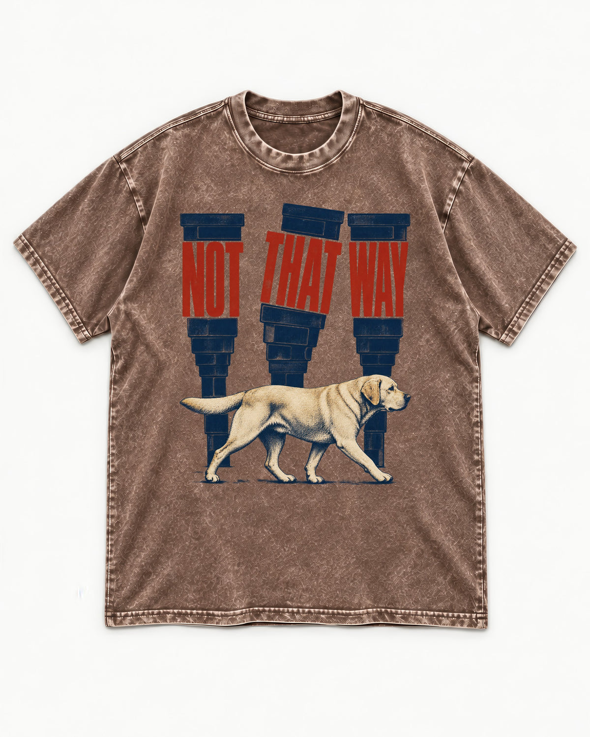 Not That Way Labrador Retriever Washed Tee in Coffee, flat lay product photo