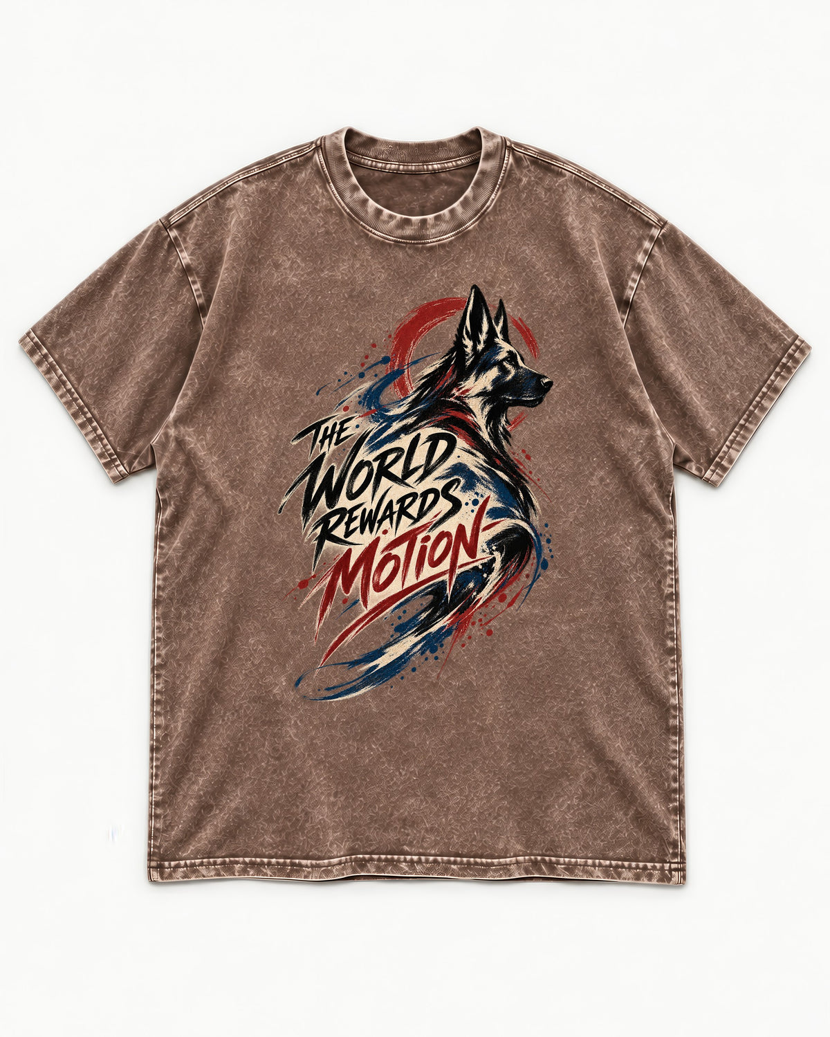 German Shepherd Dog The World Rewards Motion Washed Tee in Coffee, flat lay product photo