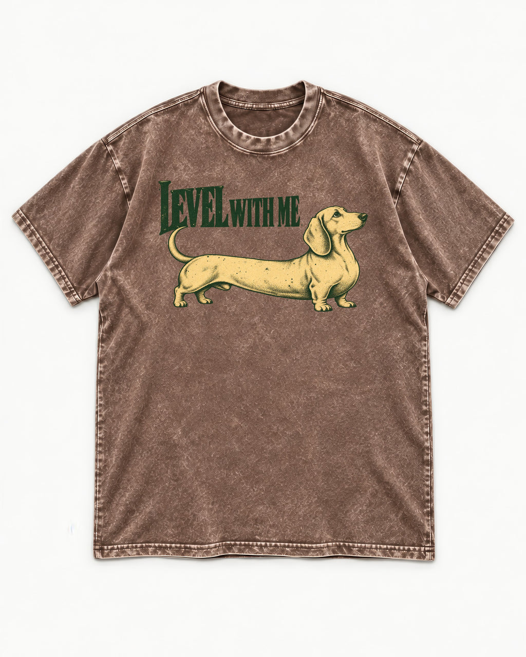 Dachshund Level with Me Washed Tee in Coffee, flat lay product photo