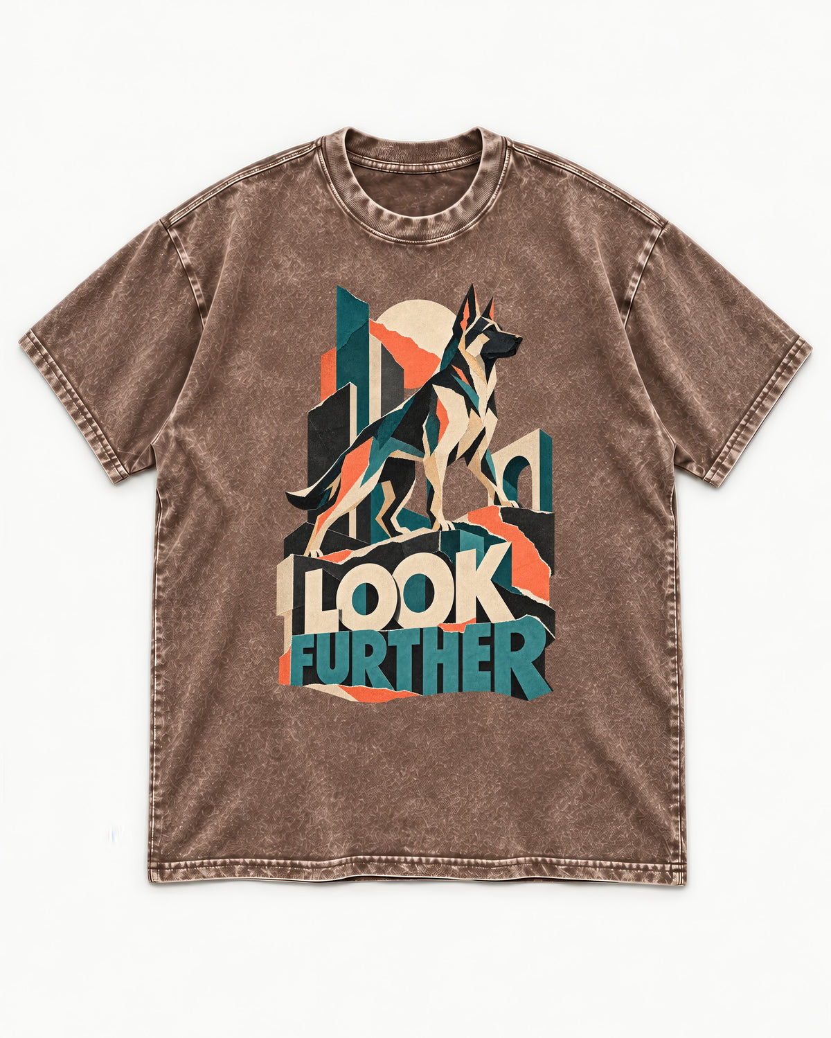 Look Further German Shepherd Dog Washed Tee in Coffee, flat lay product photo