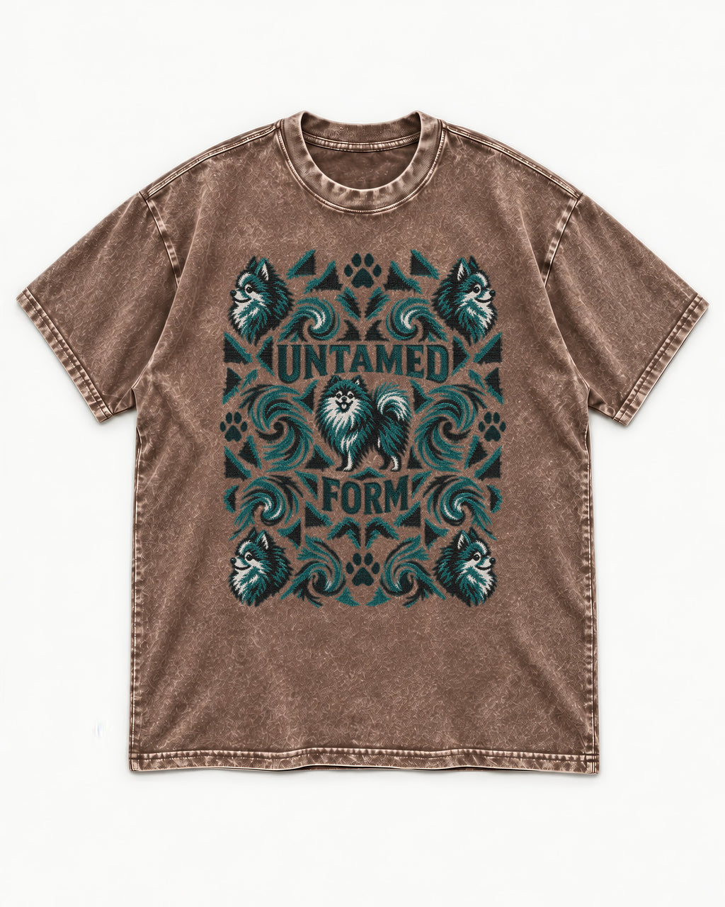 Pomeranian Untamed Form Washed Tee in Coffee, flat lay product photo