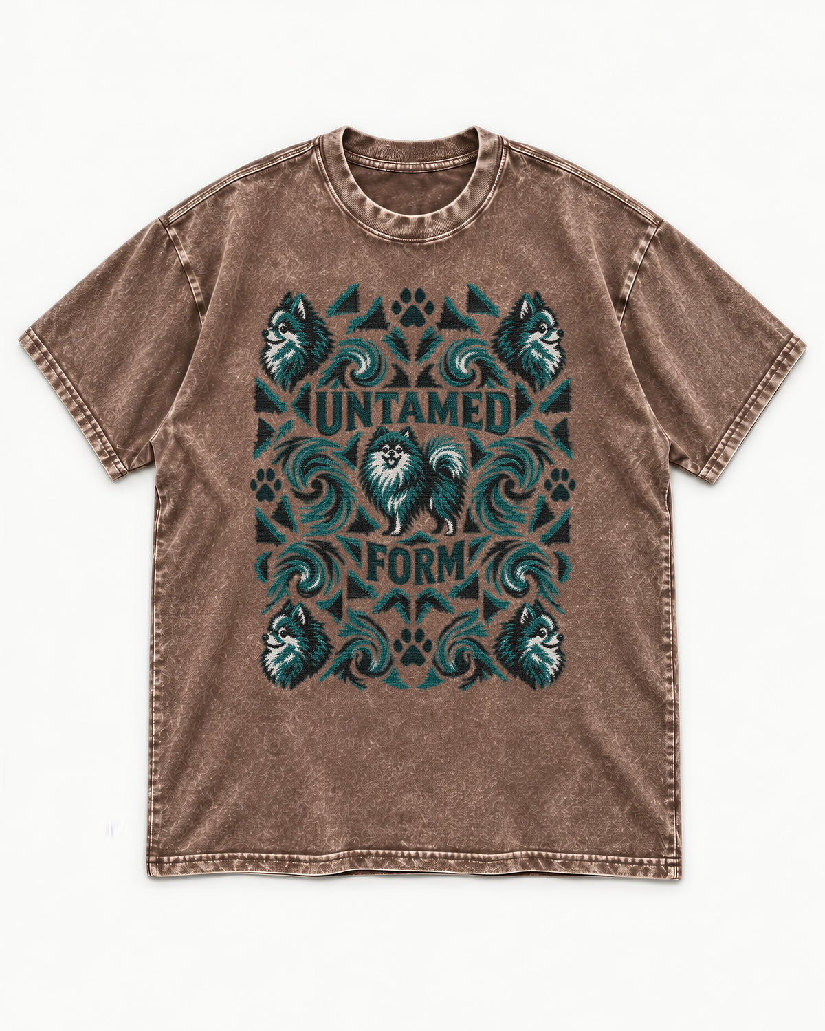 Pomeranian Untamed Form Washed Tee in Coffee, flat lay product photo