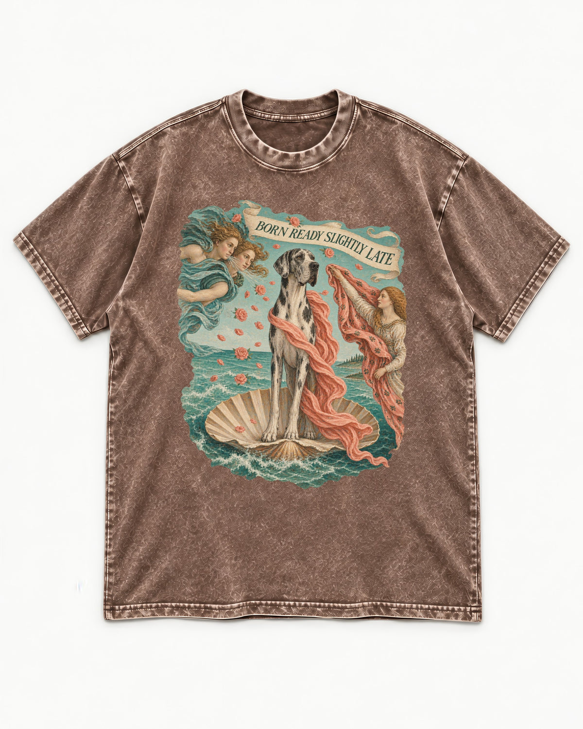 Great Dane Born Ready Slightly Late Washed Tee in Coffee, flat lay product photo