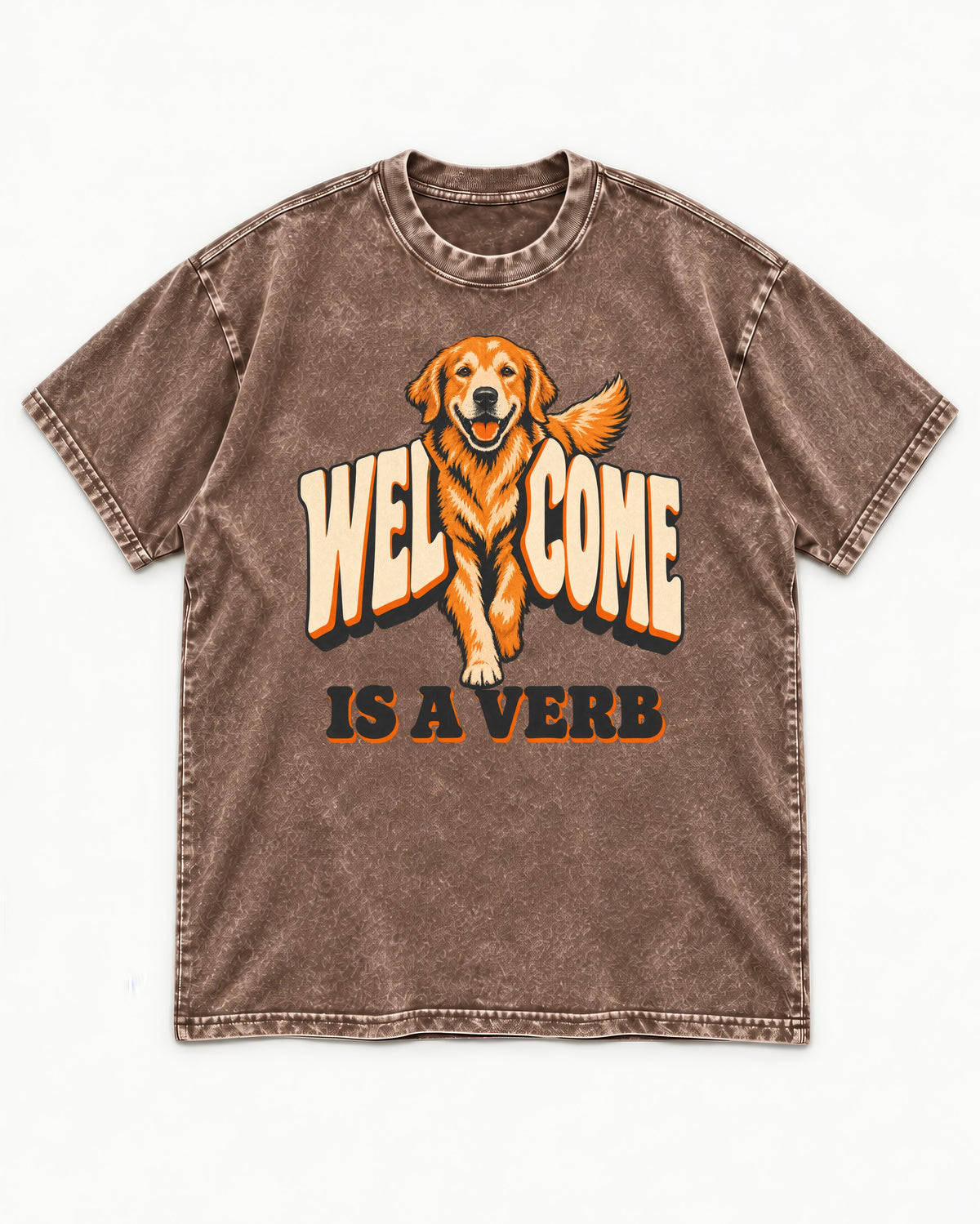 Golden Retriever Welcome Is a Verb Washed Tee in Coffee, flat lay product photo