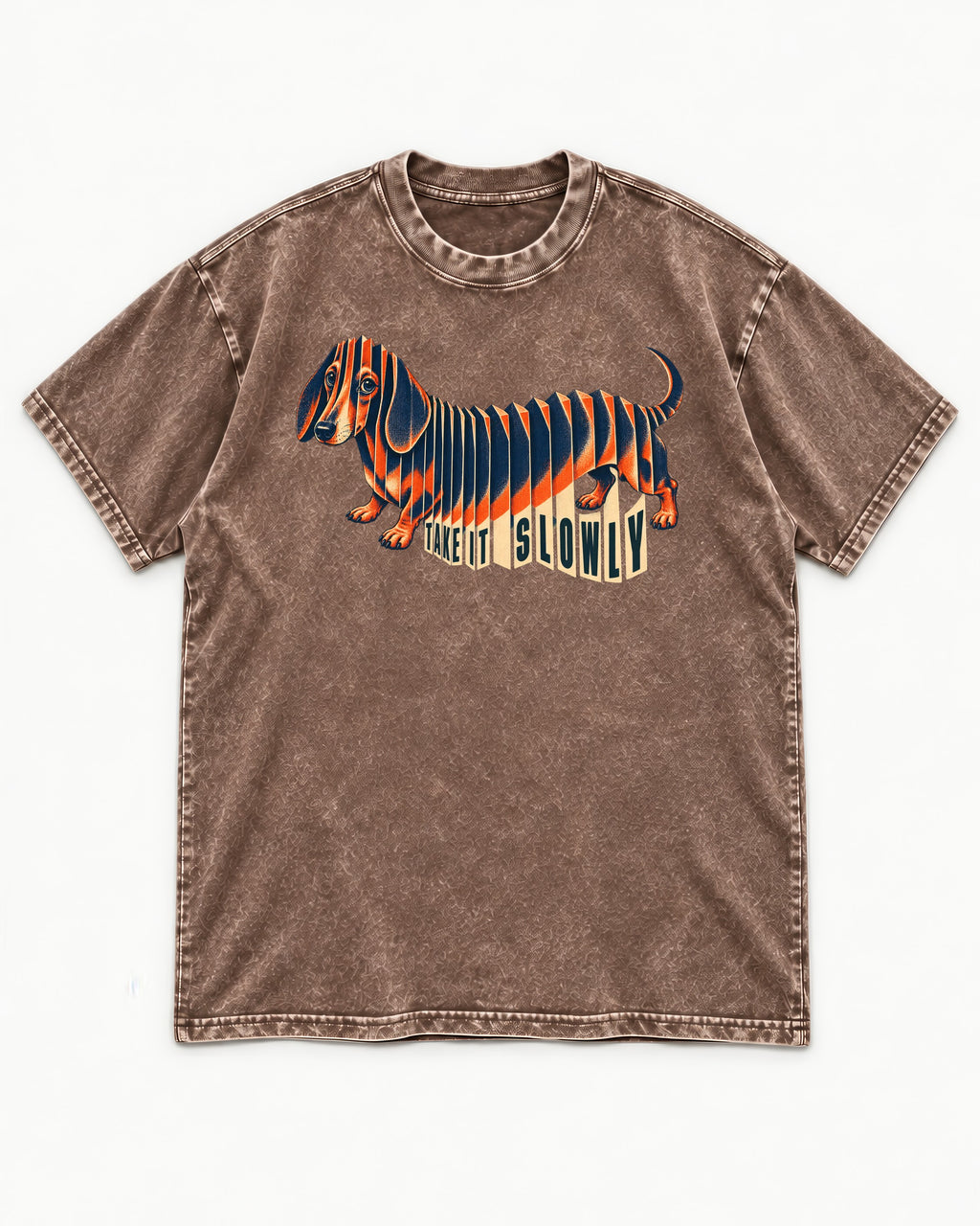 Take It Slowly Dachshund Washed Tee in Coffee, flat lay product photo