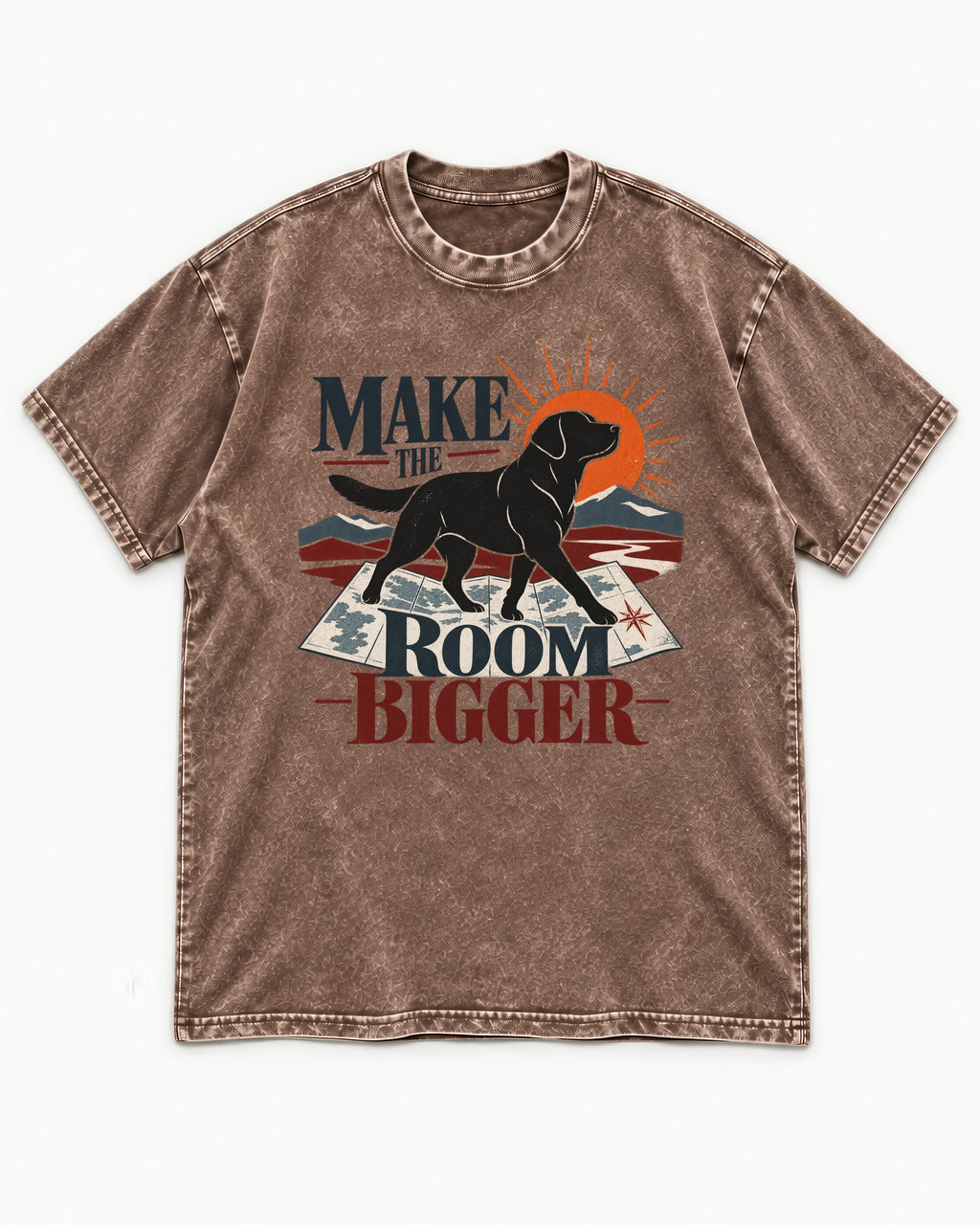 Make the Room Bigger Labrador Retriever Washed Tee in Coffee, flat lay product photo