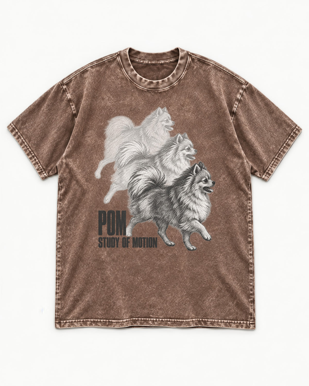 Pomeranian Study of Motion Washed Tee in Coffee, flat lay product photo