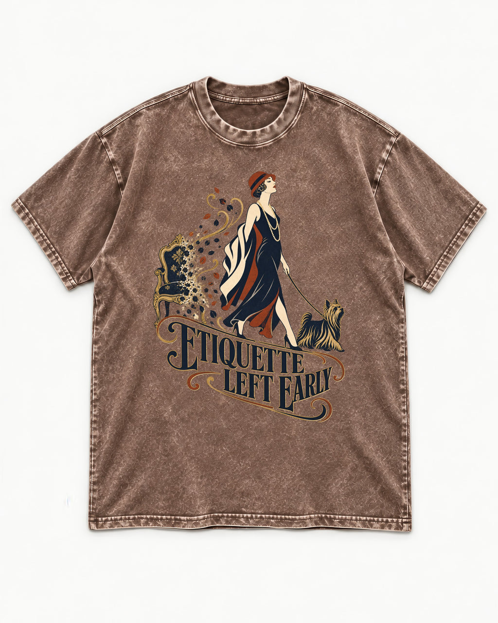 Yorkshire Terrier Etiquette Left Early Washed Tee in Coffee, flat lay product photo