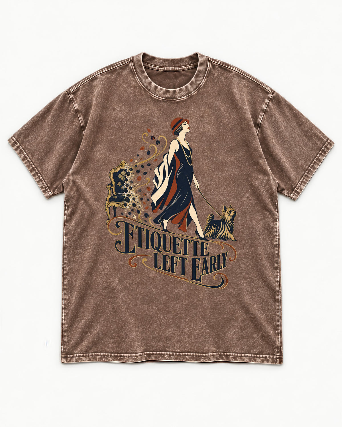 Yorkshire Terrier Etiquette Left Early Washed Tee in Coffee, flat lay product photo