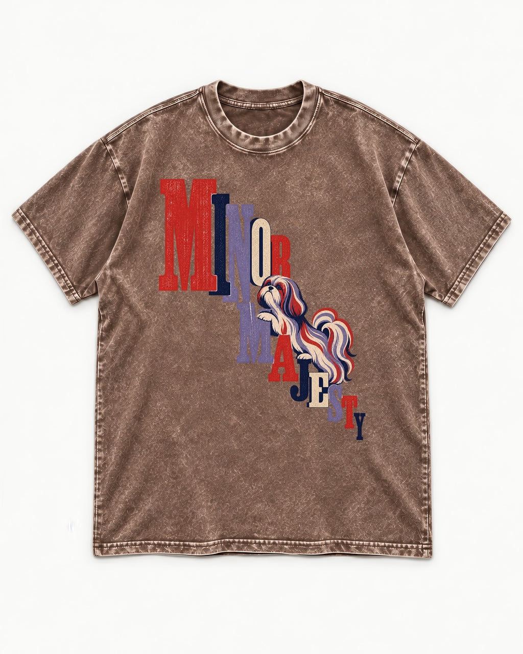 Shih Tzu Minor Majesty Washed Tee in Coffee, flat lay product photo