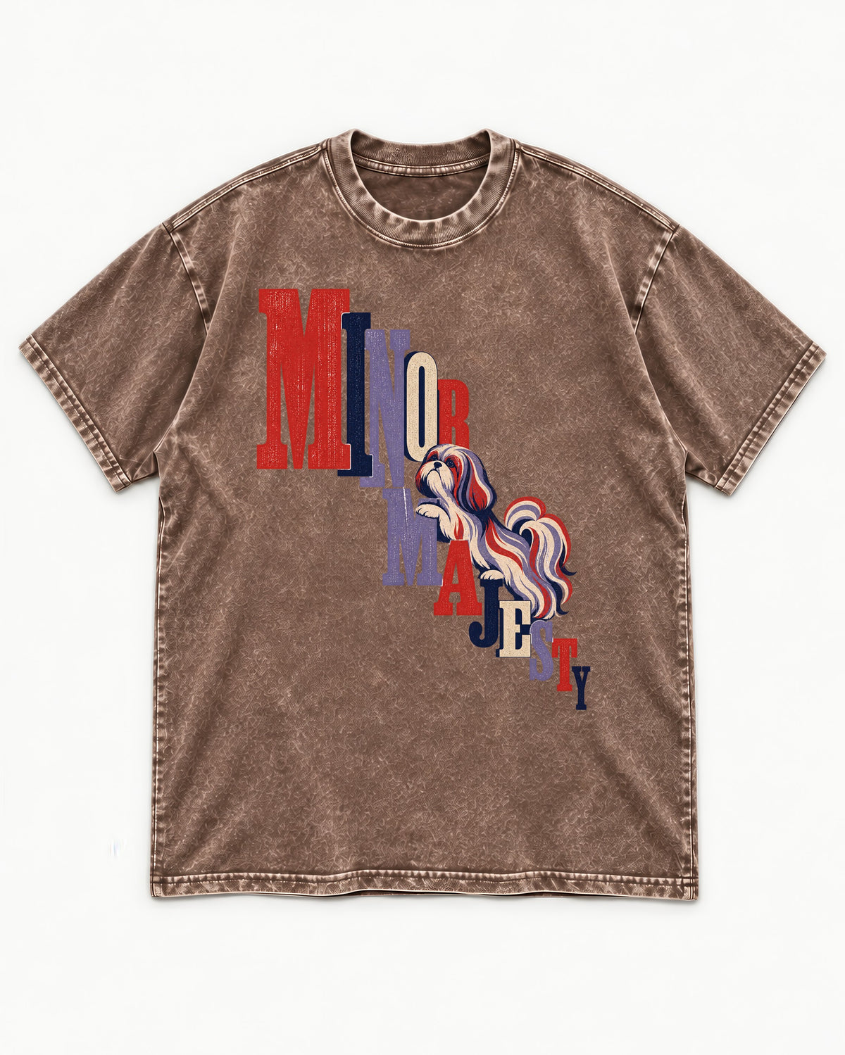 Shih Tzu Minor Majesty Washed Tee in Coffee, flat lay product photo