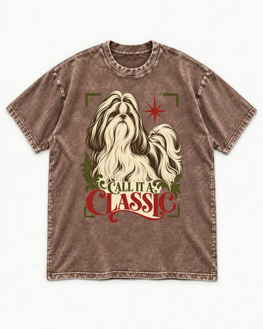 Call It a Shih Tzu Classic Washed Tee in Coffee, flat lay product photo