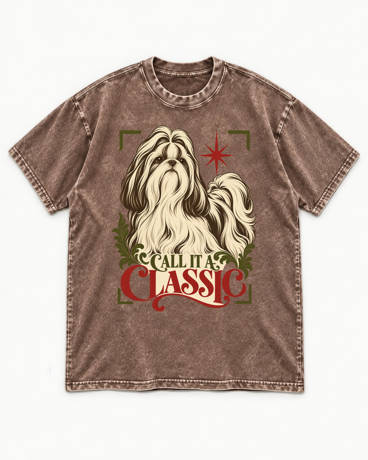 Call It a Shih Tzu Classic Washed Tee in Coffee, flat lay product photo