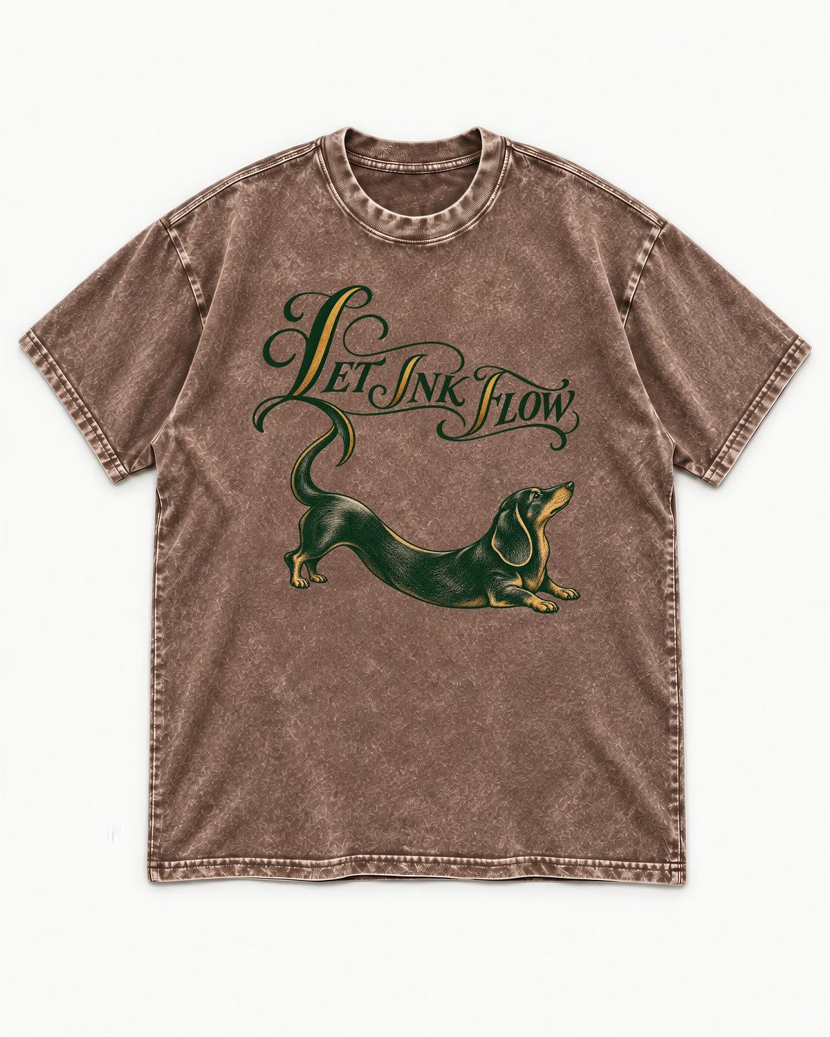 Let the Dachshund Ink Flow Washed Tee in Coffee, flat lay product photo