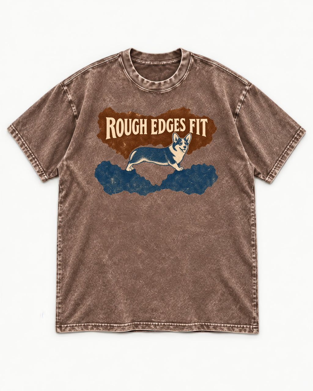 Corgi's Rough Edges Fit Washed Tee in Coffee, flat lay product photo