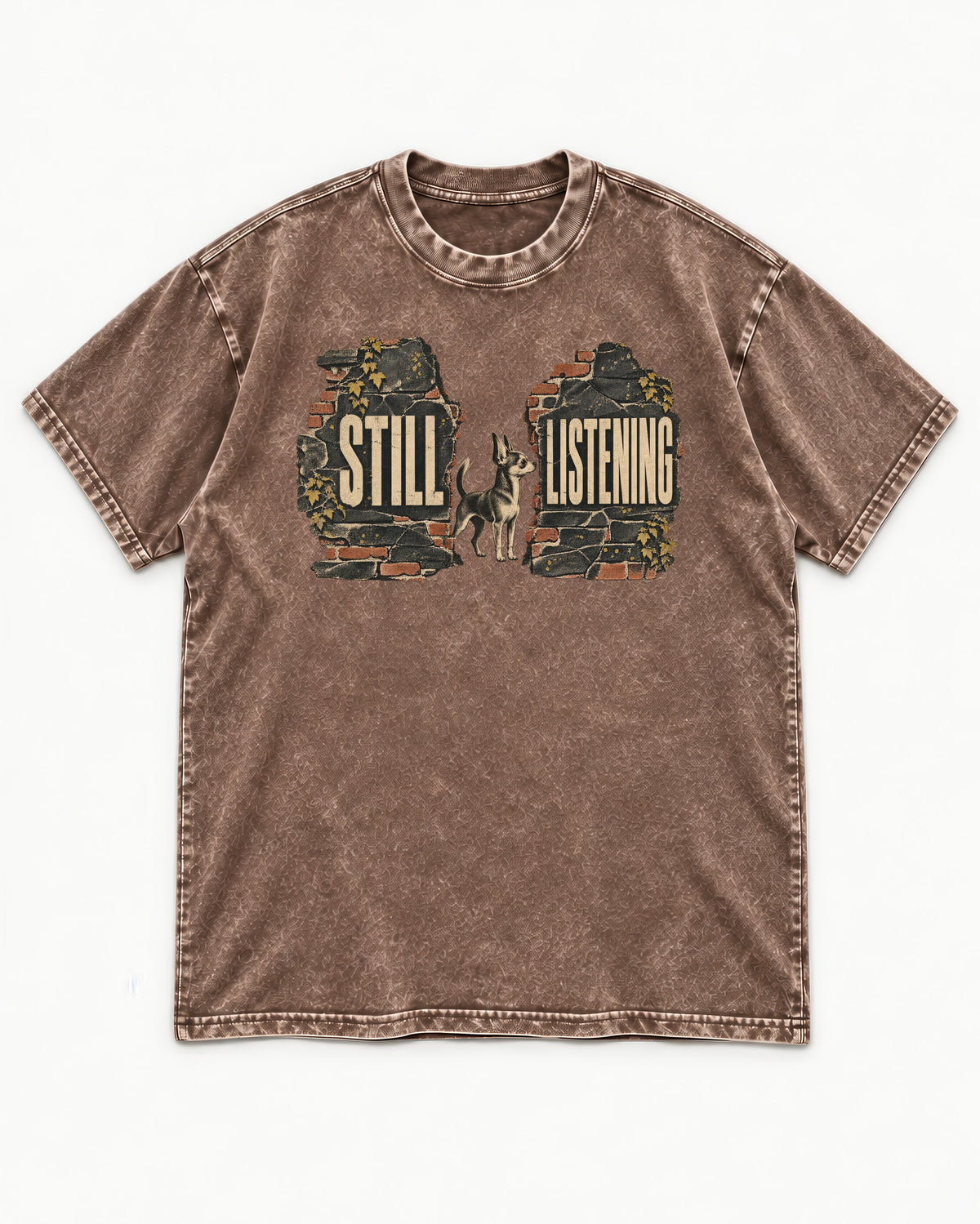 Chihuahua Still Listening Washed Tee in Coffee, flat lay product photo