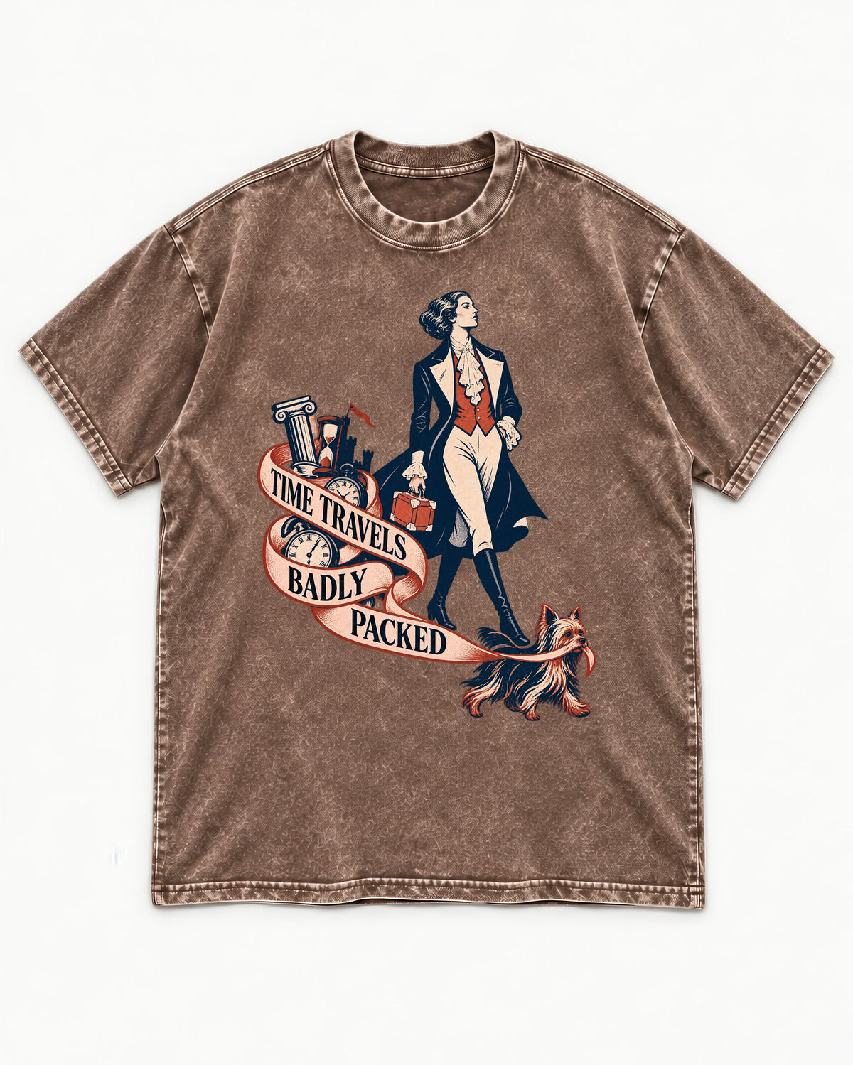 Time Travels Badly Packed Yorkshire Terrier Washed Tee in Coffee, flat lay product photo