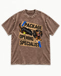 Dachshund Package Opening Specialist Washed Tee in Coffee, flat lay product photo
