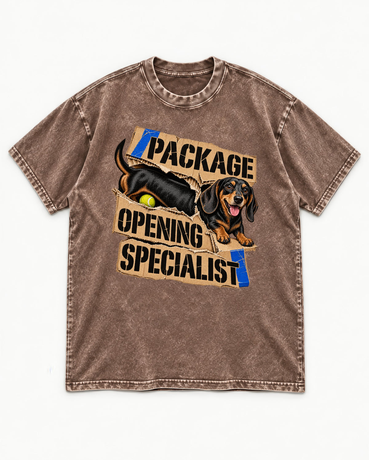 Dachshund Package Opening Specialist Washed Tee in Coffee, flat lay product photo