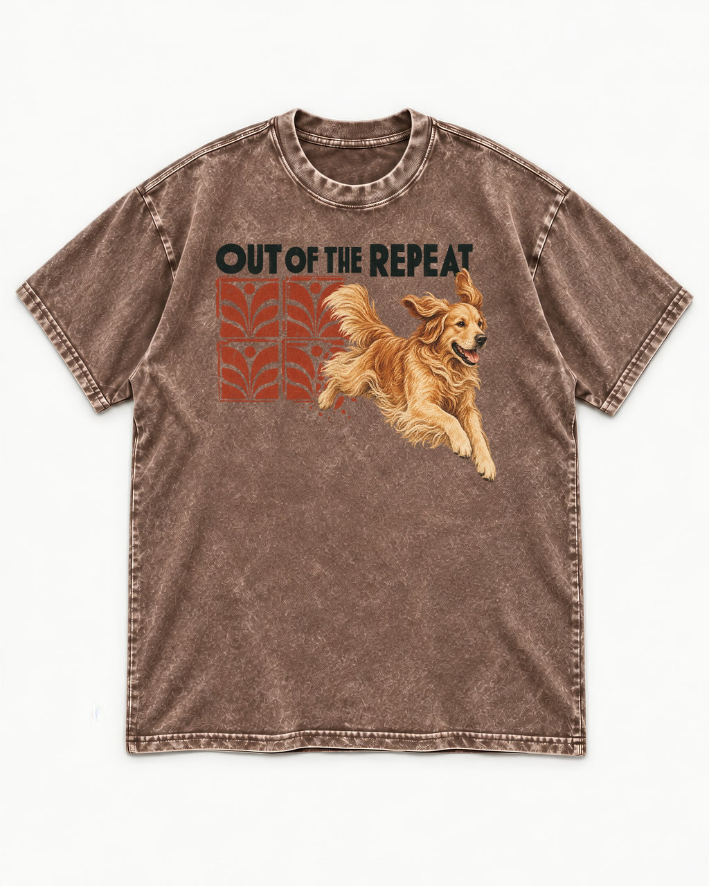 Golden Retriever Out of the Repeat Washed Tee in Coffee, flat lay product photo