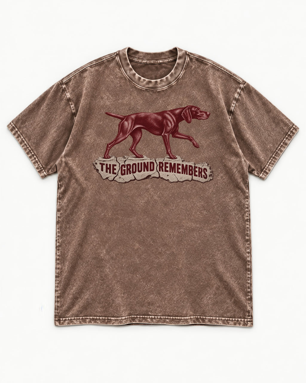 The Ground Remembers German Shorthaired Pointer Washed Tee in Coffee, flat lay product photo