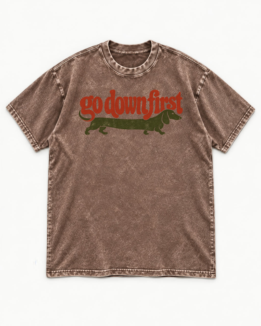 Dachshund Goes Down First Washed Tee in Coffee, flat lay product photo