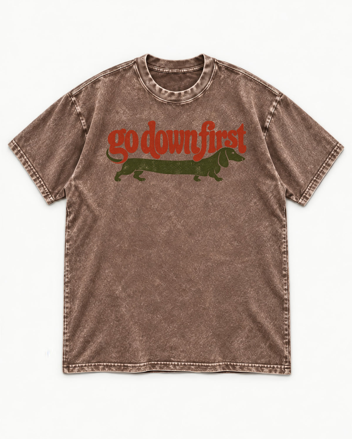 Dachshund Goes Down First Washed Tee in Coffee, flat lay product photo