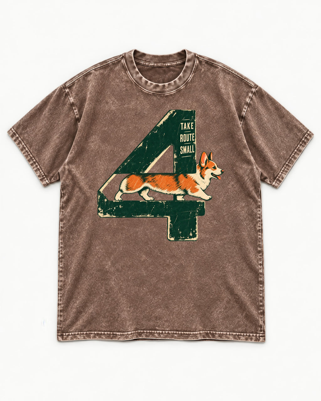 Take Route Small Corgi Washed Tee in Coffee, flat lay product photo