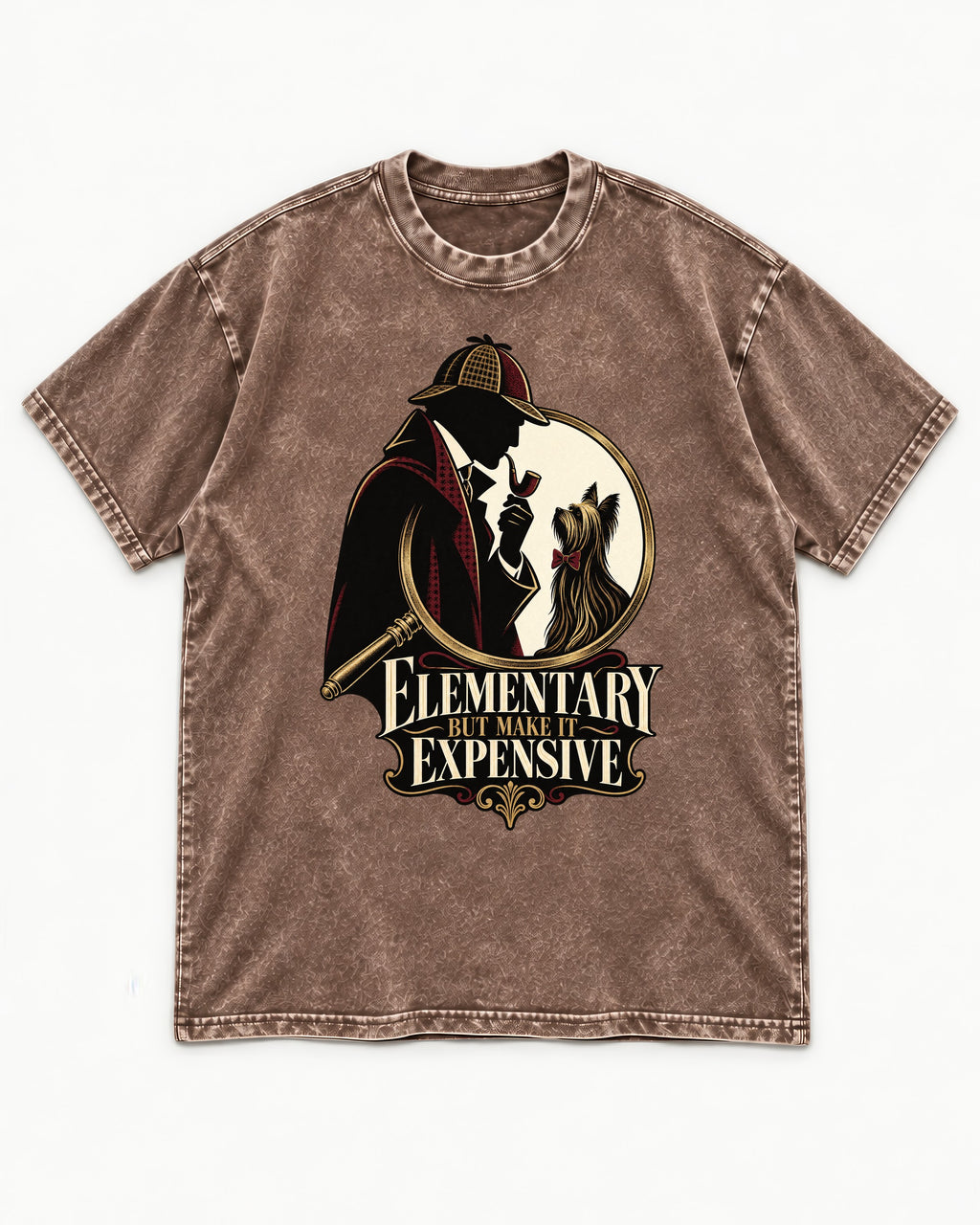 Elementary but Expensive Yorkshire Terrier Washed Tee in Coffee, flat lay product photo