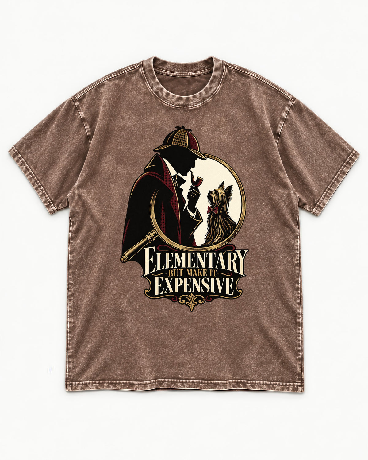 Elementary but Expensive Yorkshire Terrier Washed Tee in Coffee, flat lay product photo