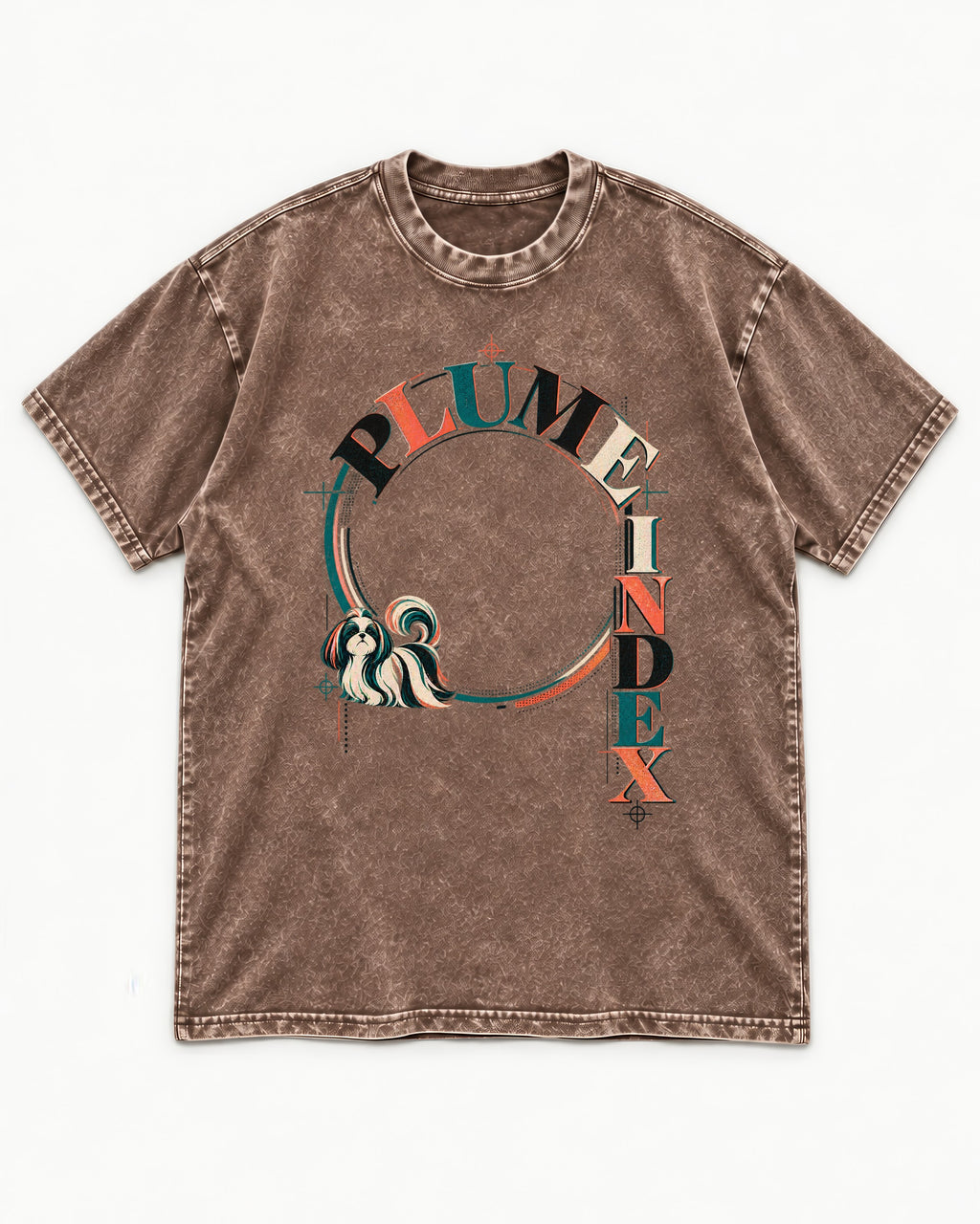 Shih Tzu Plume Index Circular Typography Graphic Washed Tee in Coffee, flat lay product photo