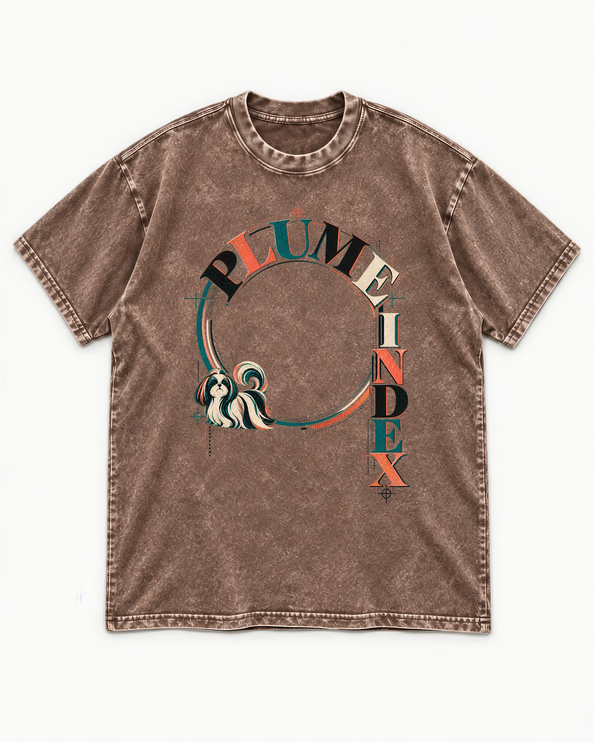 Shih Tzu Plume Index Circular Typography Graphic Washed Tee in Coffee, flat lay product photo