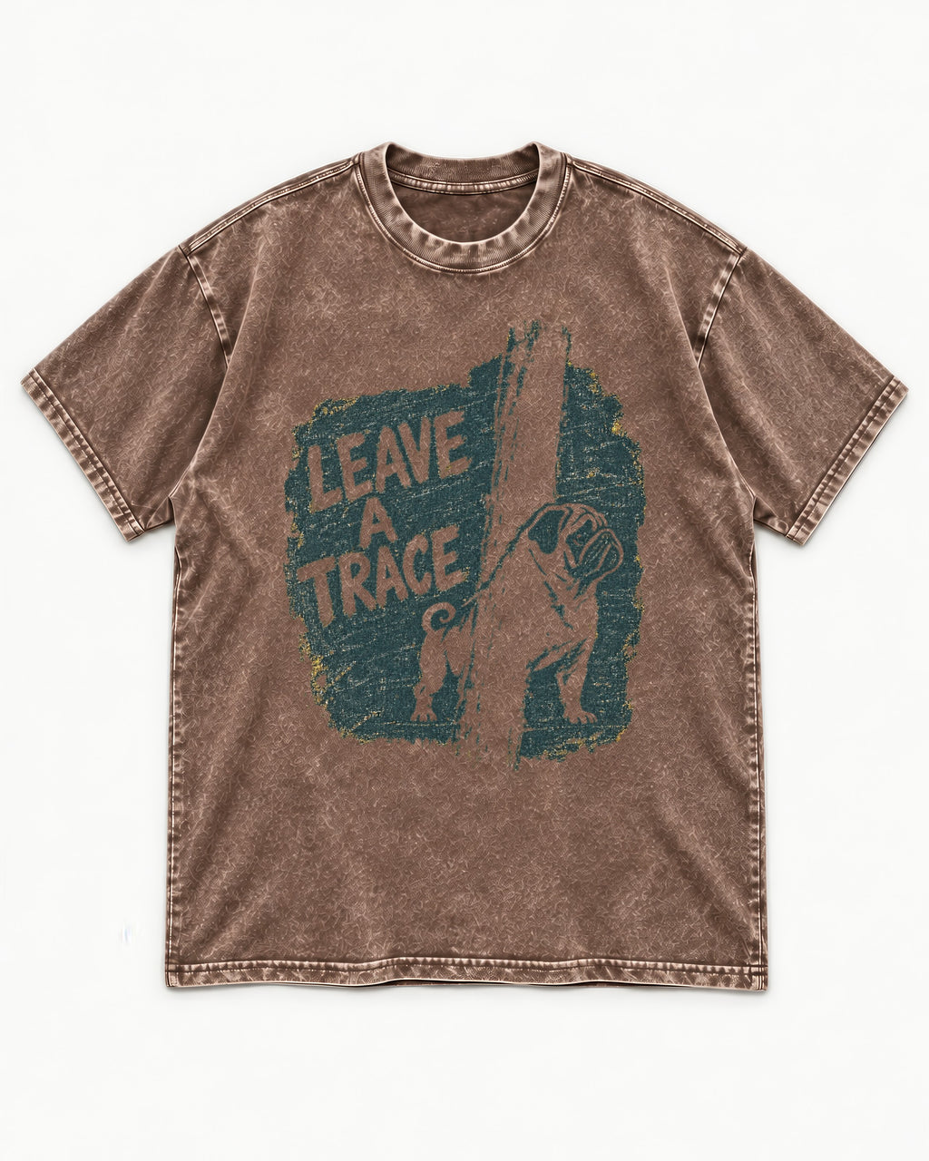 Pug Leaves a Trace Washed Tee in Coffee, flat lay product photo
