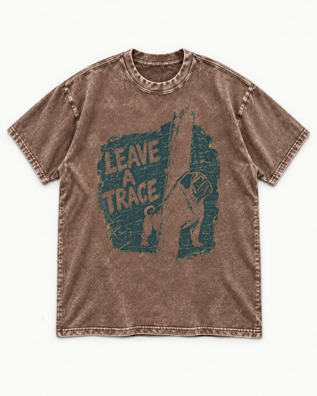 Pug Leaves a Trace Washed Tee in Coffee, flat lay product photo