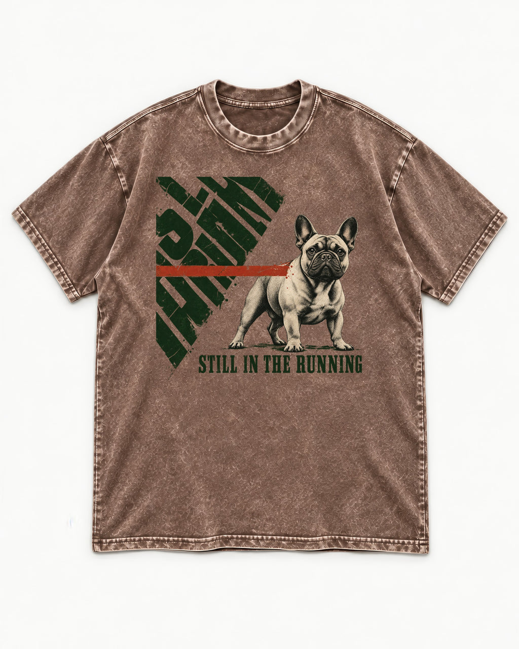 Frenchie Still in the Running Washed Tee in Coffee, flat lay product photo
