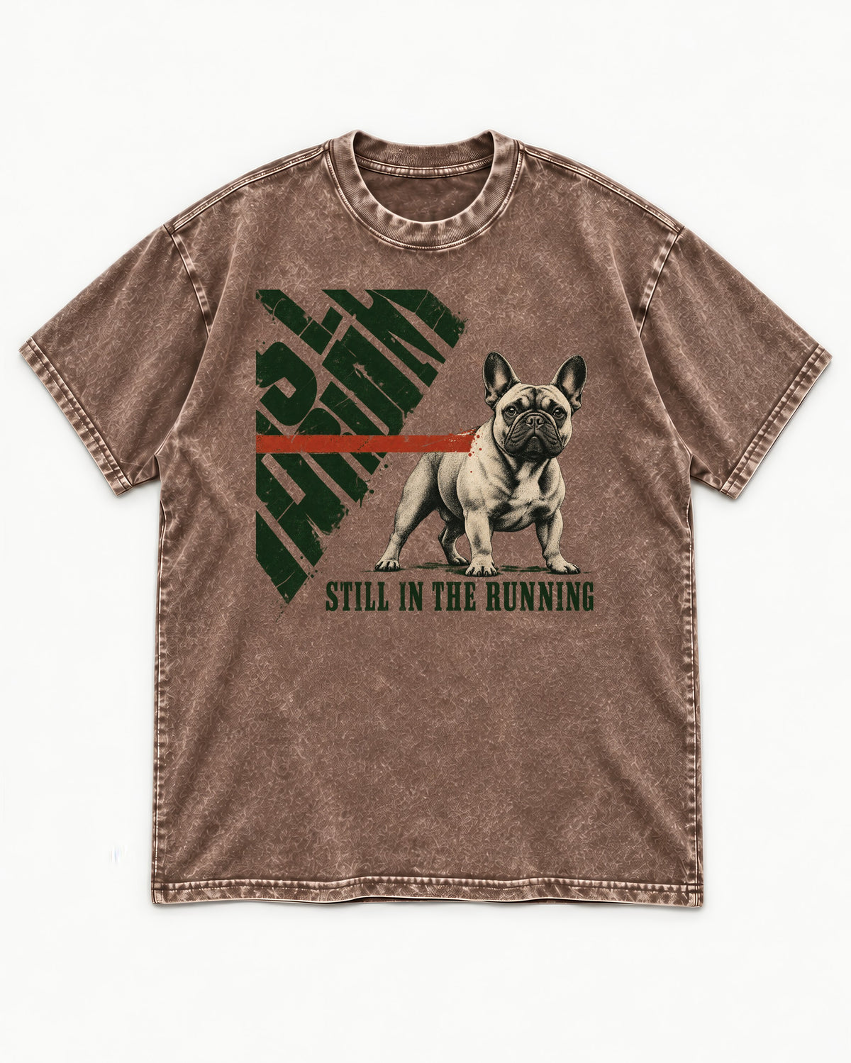 Frenchie Still in the Running Washed Tee in Coffee, flat lay product photo