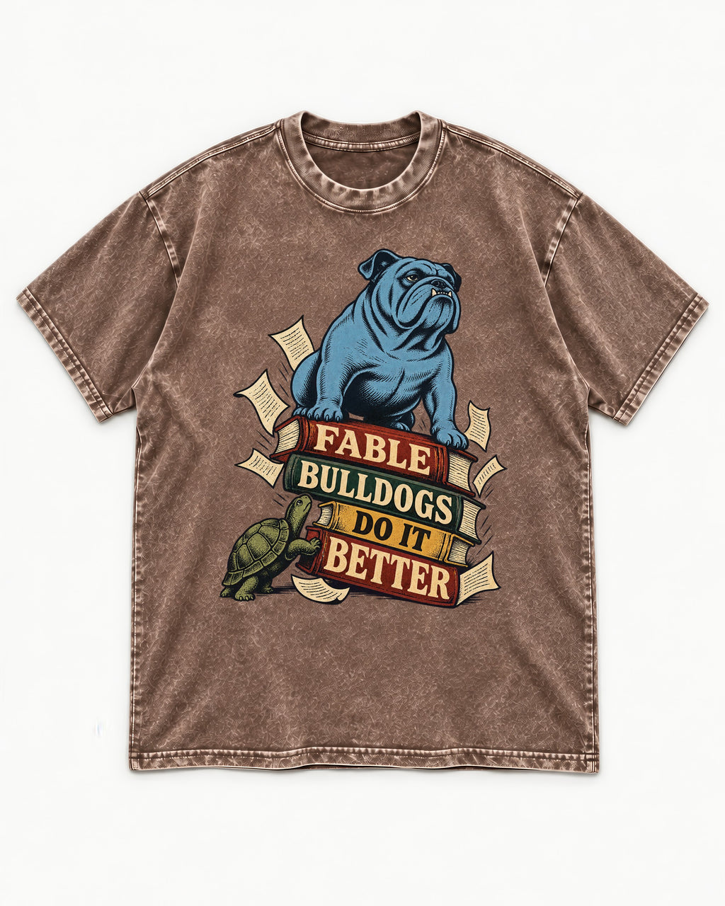 English Bulldog Does It Better Washed Tee in Coffee, flat lay product photo